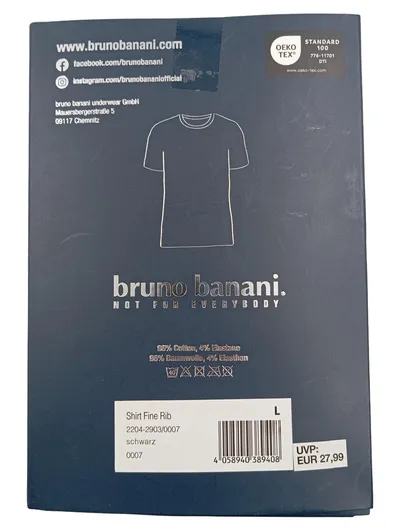 Bruno Banani Herren Unterhemd Fine Rib Schwarz Gr. L Baumwolle