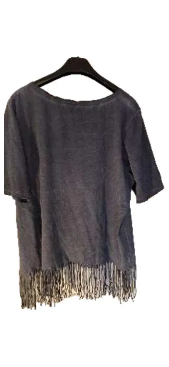 Ulla Popken Damen T-Shirt Gr. 46/48 Blau Sterne Pailletten Fransen