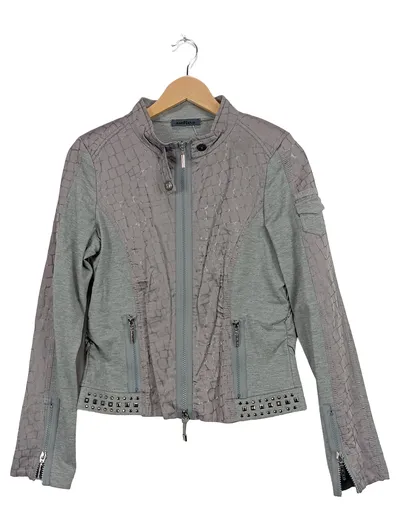 Airfield Damen Lederjacke Tierdruck Nieten Reißverschluss Grau 38 M