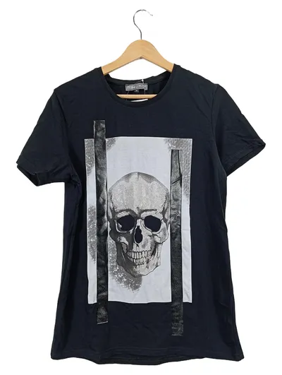 Thumo Herren T-Shirt Streetwear Baumwolle Strass Totenkopf Schwarz M 50