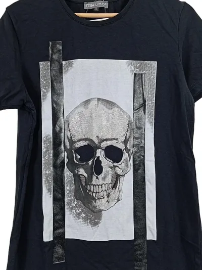 Thumo Herren T-Shirt Streetwear Baumwolle Strass Totenkopf Schwarz M 50
