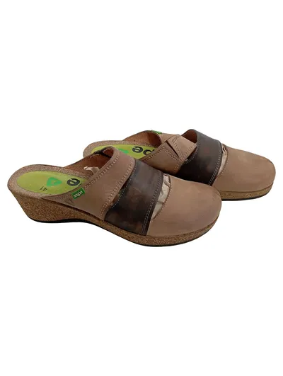Snipe Pantoletten Damen Gr. 41 Leder Braun Keilabsatz Clogs