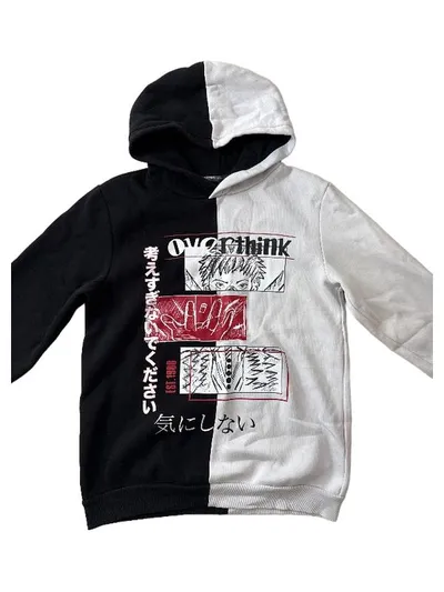 Koton Hoodie Split Schwarz Weiß Anime Manga Print Herren Gr. M