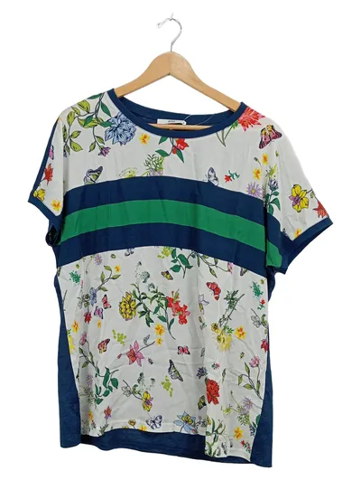BRAX Damen T-Shirt Blumenmuster Streifen Leinen Gr. 42 Mehrfarbig