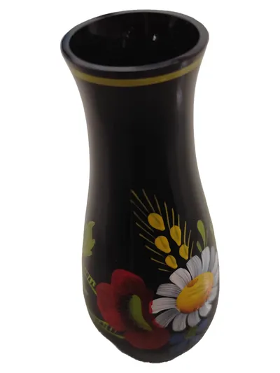 VEB Ilmkristall Ilmenau Vase Schwarz Bauchig Blumenmuster Glas 14cm