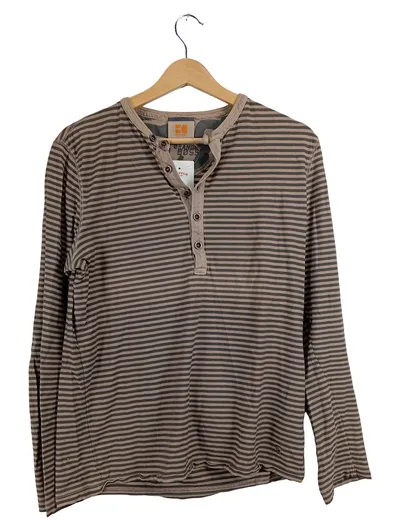BOSS Orange Herren Langarmshirt Gr. S Gestreift Braun Henley Baumwolle