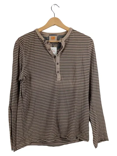 BOSS Orange Herren Langarmshirt Gr. S Gestreift Braun Henley Baumwolle