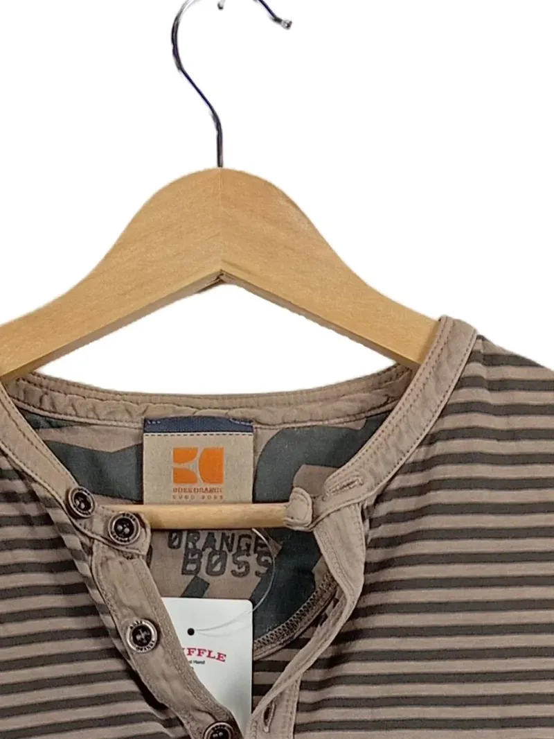BOSS Orange Herren Langarmshirt Gr. S Gestreift Braun Henley Baumwolle 4