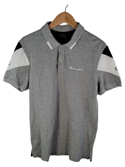 Champion Herren Poloshirt Grau Meliert Kurzarm Logo Freizeit Sportlich Gr. M