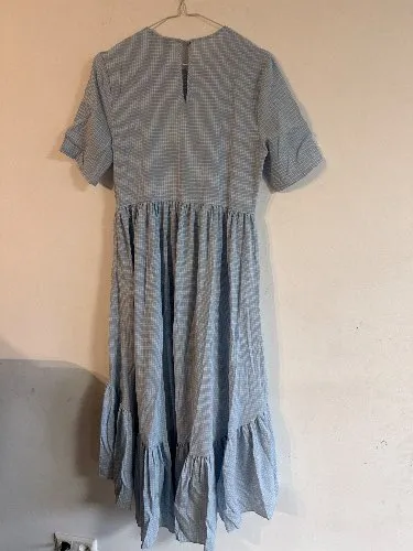 Lost Ink Damen Sommerkleid Kariert Rüschen Blau Gr. XS/36 Maxi