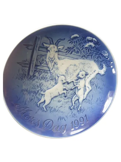 Bing & Grøndahl Muttertagsteller 1991 Mors Dag Ziege Porzellan Blau 15cm
