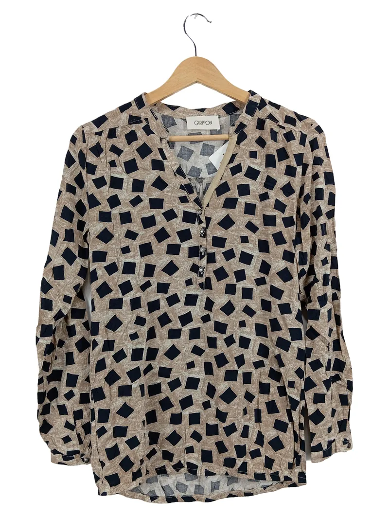 Cartoon Damen Bluse Gr. M Langarm Beige Schwarz Geometrisch Viskose 1
