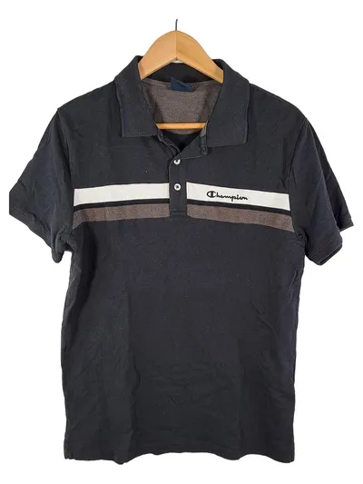 Champion Herren Poloshirt Gr. M Schwarz Streifen Kurzarm Baumwolle Freizeit