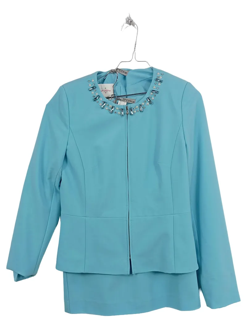 Ashley Brooke Damen Kostüm Rock Blazer Gr. 36 Türkis Strass Perlen Elegant 1