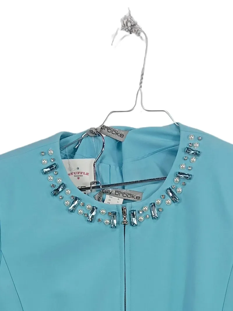 Ashley Brooke Damen Kostüm Rock Blazer Gr. 36 Türkis Strass Perlen Elegant 3