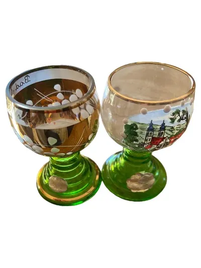 2x Römergläser Schnapsgläser Likör Glas Landschaft Traditionell 9cm Grün