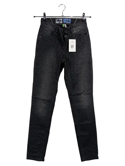 CECIL Damen High Waist Jeans W25 Leopard Muster Schwarz Skinny Denim