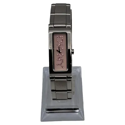 DKNY Damenuhr Rechteckig Edelstahl Armband Rosa Zifferblatt Strass