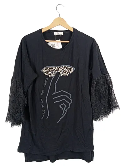 May by Shining Star Damen T-Shirt 3/4 Arm Spitze Perlen Schriftzug Schwarz L