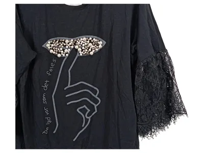 May by Shining Star Damen T-Shirt 3/4 Arm Spitze Perlen Schriftzug Schwarz L