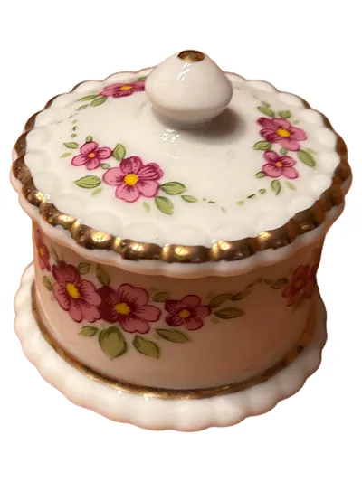 Reutter Porzellan Dekodose mit Deckel Rosa Blumen Goldrand 5cm
