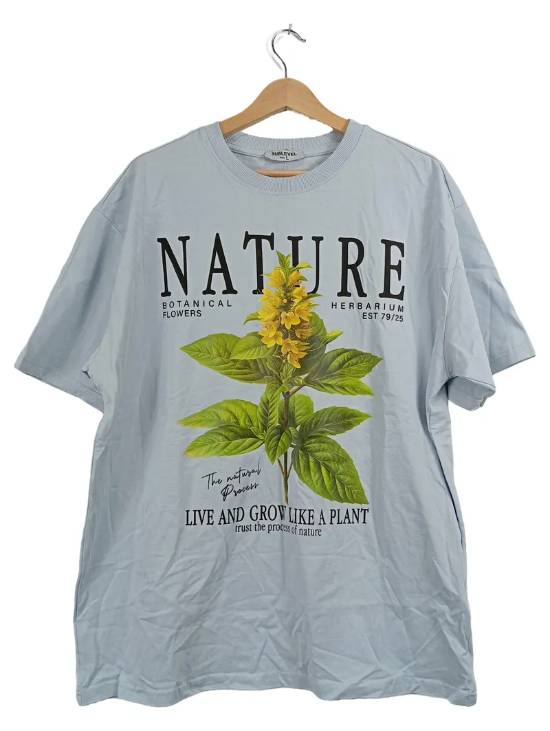 SUBLEVEL Herren T-Shirt Gr. L Blau Botanik Nature Print Baumwolle 1