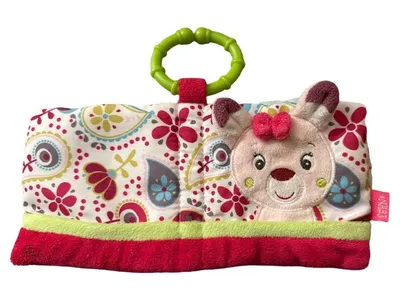Fehn Stoffbuch mit Greifring Baby Fühlbuch Blumen Hase Rosa Bunt