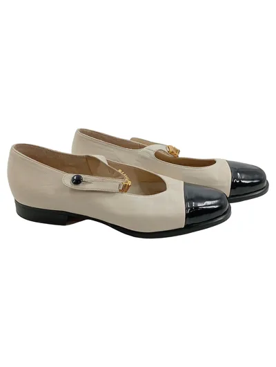Moschino Damen Mary Jane Schuhe Leder Beige Schwarz Gr. 37 Elegant
