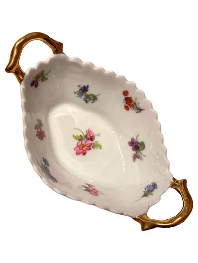 Weimar Porzellan Dekoschale Blumendekor Goldhenkel Weiß Vintage