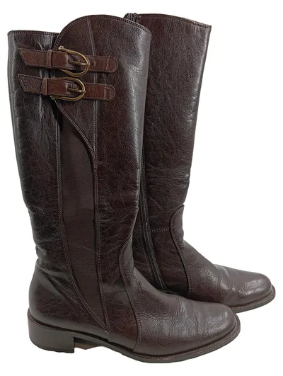 Paul Green Damen Leder Reitstiefel Braun Gr. 39 Schnallen Reißverschluss