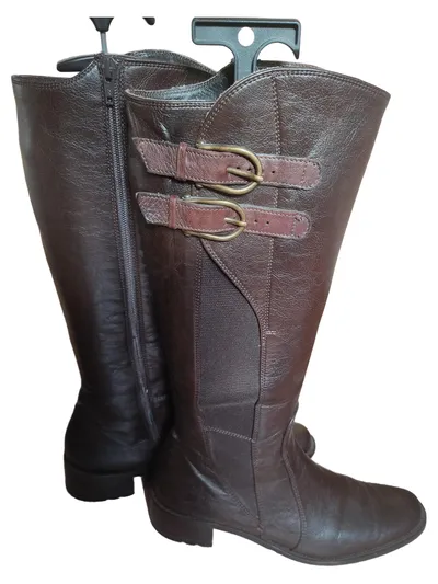 Paul Green Damen Leder Reitstiefel Braun Gr. 39 Schnallen Reißverschluss