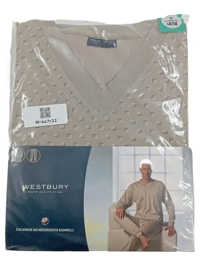 Westbury Herren Schlafanzug Gr. M 48/50 Beige V-Ausschnitt Baumwolle