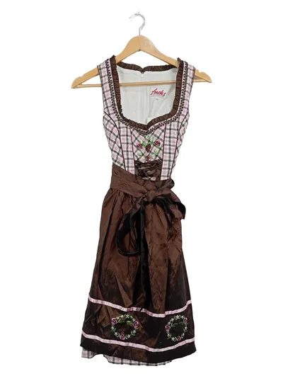 FUCHS Dirndl Trachtenkleid Damen Gr. 34 Braun Rosa Kariert Stickerei
