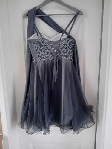 Luxuar Limited Damen Ballkleid Abendkleid Gr. 34 Grau Tüll Spitze Elegant