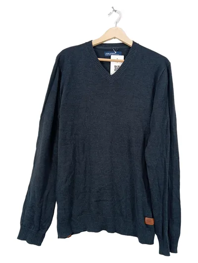 BLEND Herren Pullover V-Ausschnitt Gr. L Grau Meliert Baumwolle