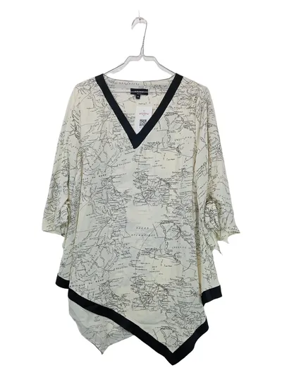KRISS Vintage Bluse Damen 3/4 Arm Grafik Print Asymmetrisch Beige M