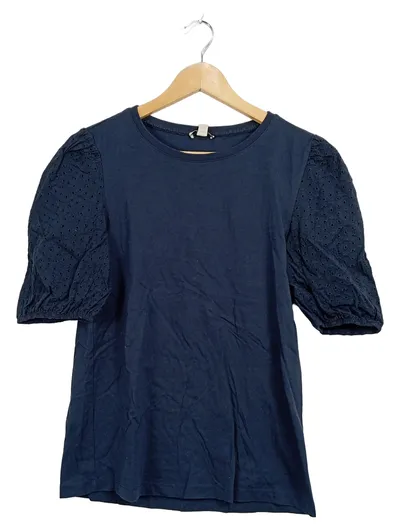 EDC Damen Blusenoberteil Shirt Lochstickerei Puffärmel Navy Blau Gr. XS