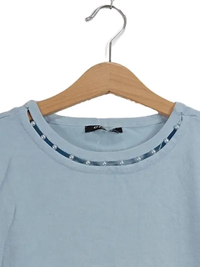 ORSAY Damen Strickshirt Gr. S Hellblau Perlendetails Kurzarm