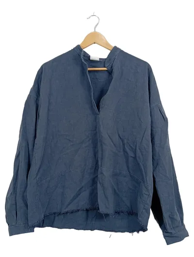 MAALA Leinen Langarmshirt Damen Gr. M Blau Tunika Oversized Casual