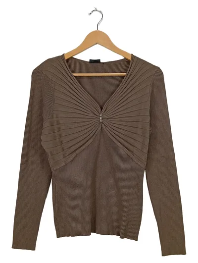 Fransa Damen Strickpullover Gr. 38 Braun V-Ausschnitt Gerafft Rippstrick
