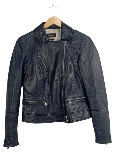 Massimo Dutti Damen Lederjacke Gr. 36/S Blau Modern Casual