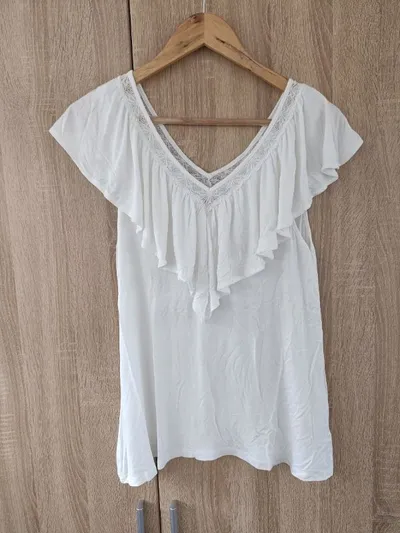 Buffalo London Damen T-Shirt Gr. 38 Weiß Spitze Rüschen Feminin