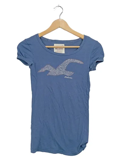 Hollister Damen T-Shirt Gr. S Blau Möwen Logo Print Baumwolle