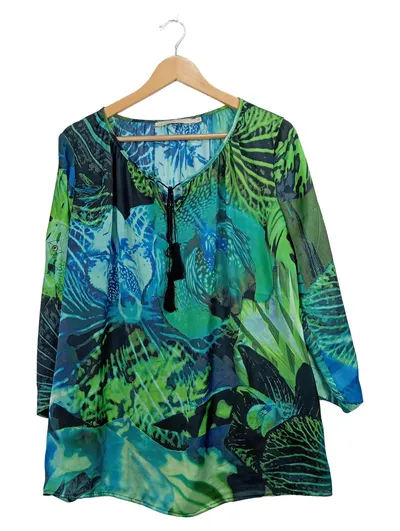 Passport Damen Bluse Tunika Gr. 40 L Blumenmuster Quasten Langarm Mehrfarbig