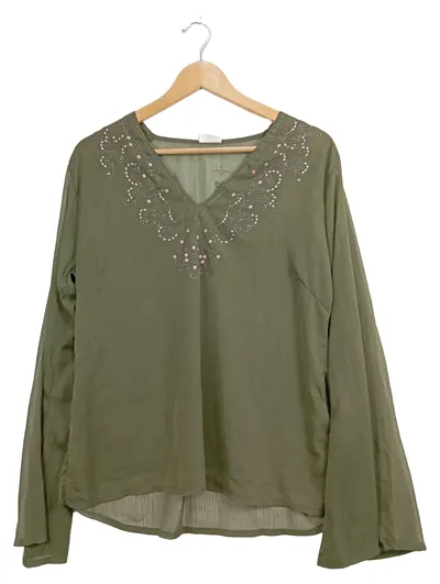 KOMBIWORLD Damen Bluse Gr. 42/XL Oliv Stickerei Pailletten Langarm