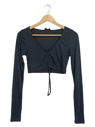 Topshop Damen Langarmshirt Crop Top Schwarz Gr. 36/38 S Raffung V-Ausschnitt