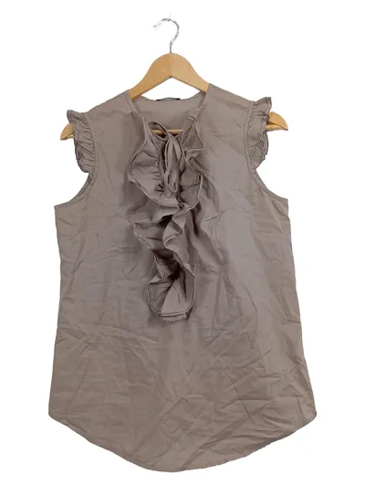 SISLEY Damen Bluse ärmellos Rüschen Beige Gr. 38/M Feminin