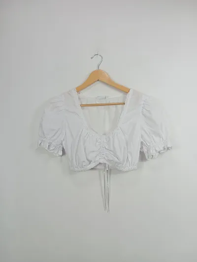 Alpenfee Damen Trachtenbluse Weiß Gr. 38/M Kurzarm Dirndlbluse Spitze Raffung