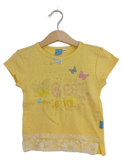 Smiley Mädchen T-Shirt Gr. 86/92 Gelb Schmetterlinge Spitze Baumwolle