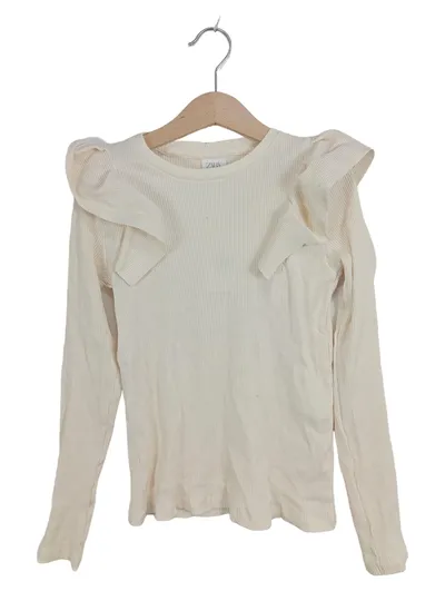 ZARA Mädchen Langarmshirt Rüschen Gr. 140 Beige Rippstrick Baumwolle